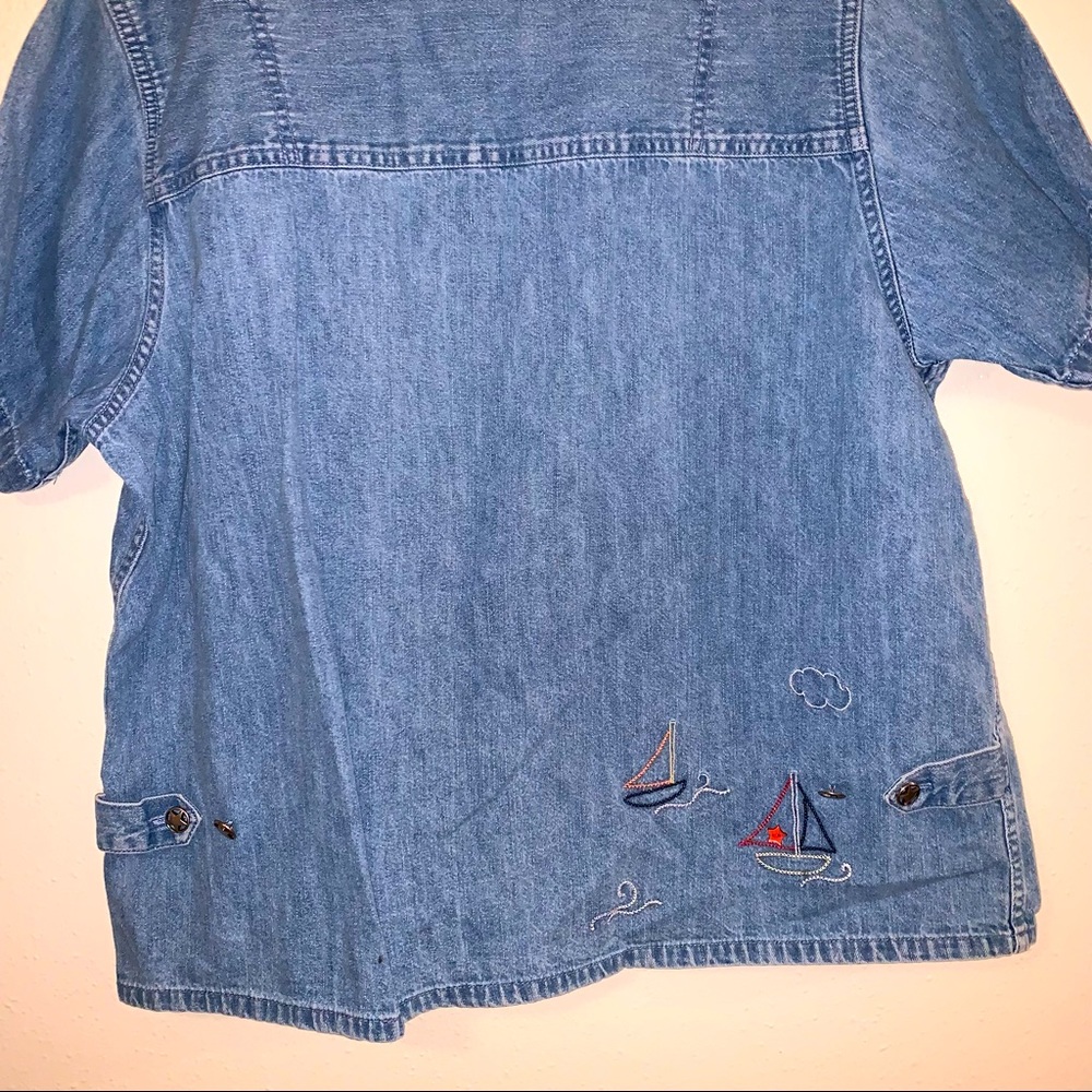 Christopher & Banks Large Cotton Denim Look Embroidered Nautical Theme Shirt - Picture 7 of 11
